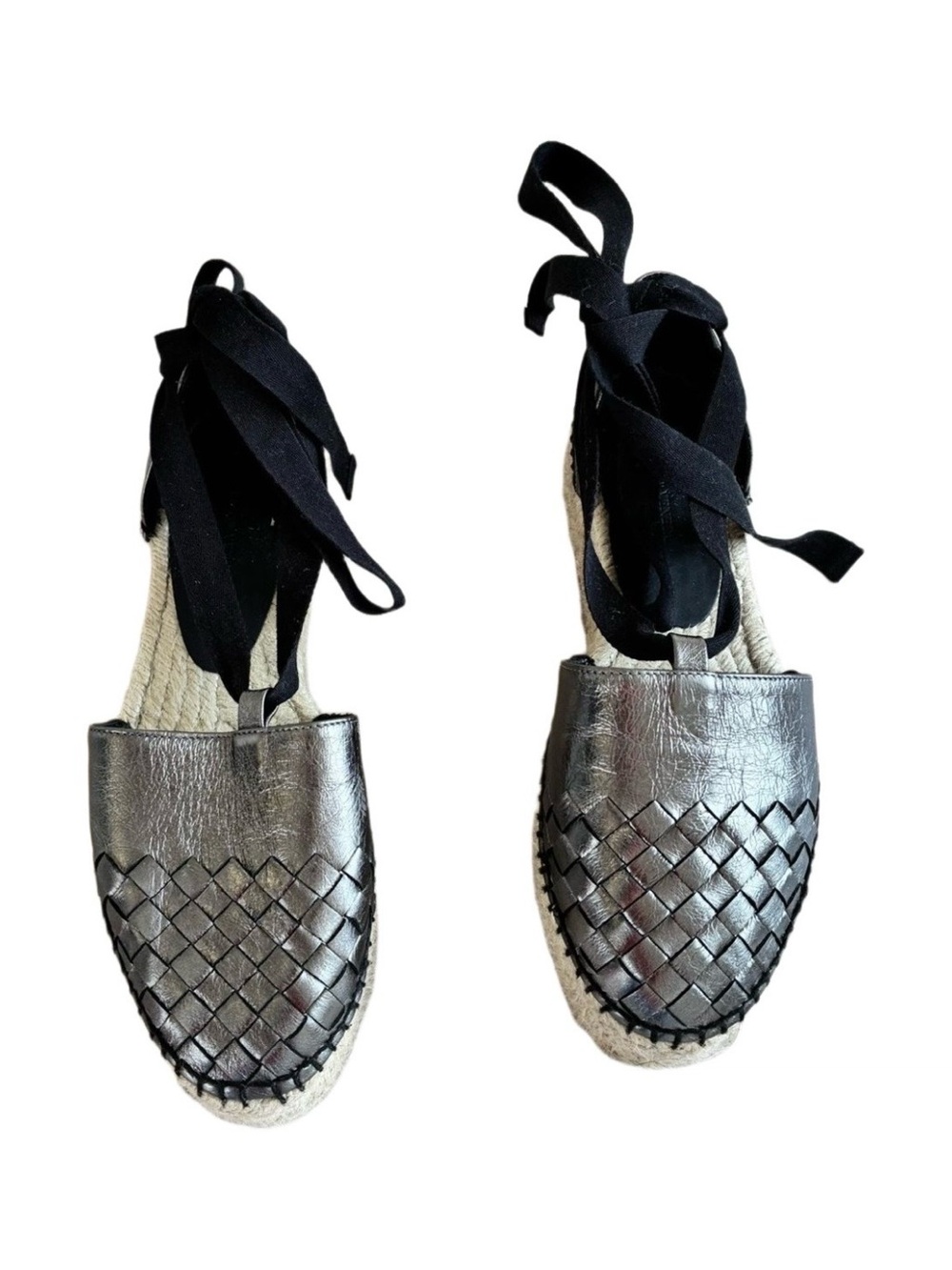 Bottega Veneta Metallic Woven Espadrille with Black Ties